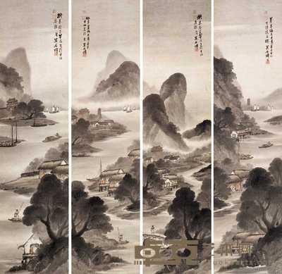 吴庆云 山水图 四屏 148.8×37.2cm×4